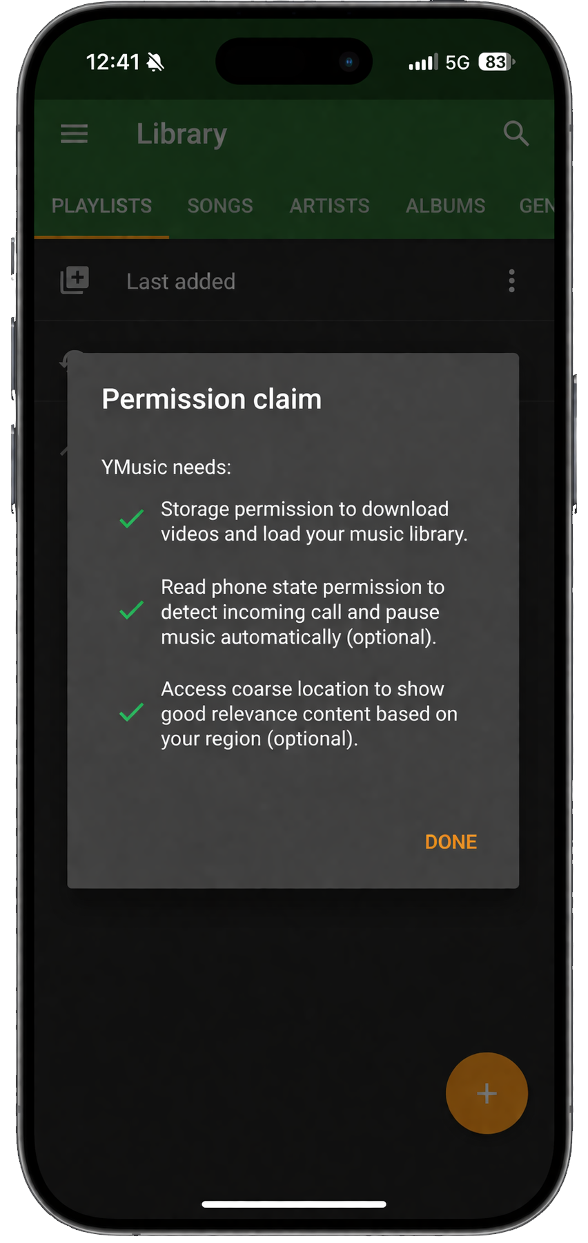 Ymusic permission claim